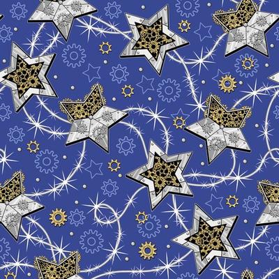 Pattern with gears, christmas stars made of shiny silver metal plates, gears, cogwheels, rivets in steampunk style. Light blue background.