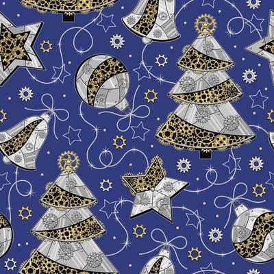 Pattern with gears, christmas tree made of shiny silver metal plates, gold gears, cogwheels, rivets in steampunk style. Lignt blue background.