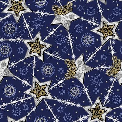 Pattern with gears, christmas stars made of shiny silver metal plates, gears, cogwheels, rivets in steampunk style. Blue background.