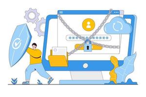 protección de datos planos con código PIN y cadena de bloqueo, protección de la privacidad de la información o concepto de seguridad en Internet. ilustración de diseño de esquema para página de inicio, banner web, infografía, imágenes de héroe vector