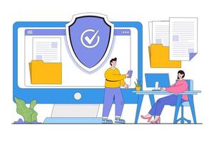 política de privacidad plana que protege los datos de su computadora para un concepto de página web. ilustración vectorial mínima de estilo de diseño de esquema para página de inicio, banner web, infografía, imágenes de héroe vector