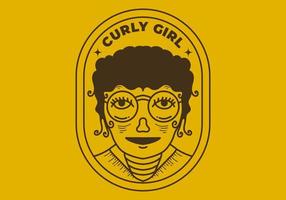 Vintage art illustration of a curly girl face wearing big round glasses vector