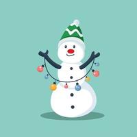 lindo muñeco de nieve con guirnalda luz ilustración de diseño de personajes vector