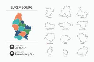 Map of Luxembourg with detailed country map. Map elements of cities, total areas and capital. vector