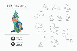 Map of Liechtenstein with detailed country map. Map elements of cities, total areas and capital. vector