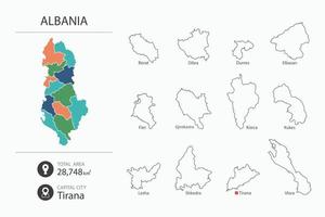 Map of Albania with detailed country map. Map elements of cities, total areas and capital. vector