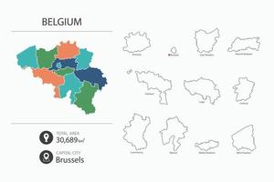 mapa de bélgica con mapa detallado del país. elementos del mapa de ciudades, áreas totales y capital. vector