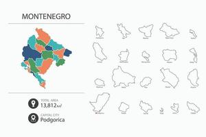 Map of Montenegro with detailed country map. Map elements of cities, total areas and capital. vector