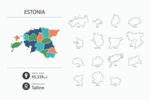 Map of Estonia with detailed country map. Map elements of cities, total areas and capital. vector