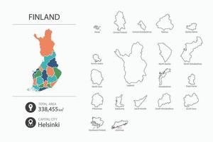 Map of Finland with detailed country map. Map elements of cities, total areas and capital. vector