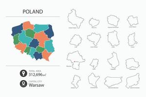 Map of Poland with detailed country map. Map elements of cities, total areas and capital. vector