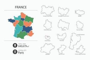 Map of France with detailed country map. Map elements of cities, total areas and capital. vector