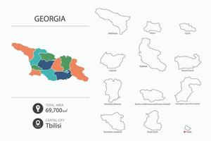 mapa de georgia con mapa detallado del país. elementos del mapa de ciudades, áreas totales y capital. vector