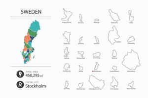 mapa de suecia con mapa detallado del país. elementos del mapa de ciudades, áreas totales y capital. vector