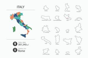 Map of Italy with detailed country map. Map elements of cities, total areas and capital. vector