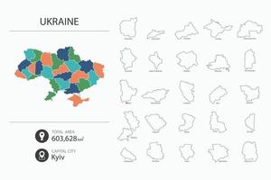 Map of Ukraine with detailed country map. Map elements of cities, total areas and capital. vector