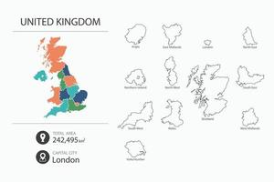 Map of UK with detailed country map. Map elements of cities, total areas and capital.