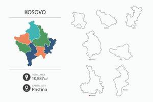 mapa de kosovo con mapa detallado del país. elementos del mapa de ciudades, áreas totales y capital. vector