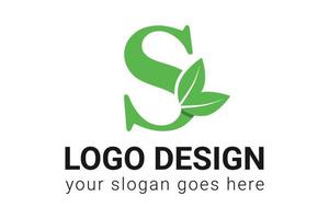 S letter eco logo with leaf. Vector typeface for nature posters, eco friendly emblem, vegan identity, herbal and botanical cards etc. Ecology S letter logo with green leaf.