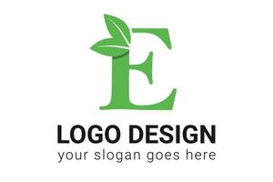 E letter eco logo with leaf. Vector typeface for nature posters, eco friendly emblem, vegan identity, herbal and botanical cards etc. Ecology E letter logo with green leaf.