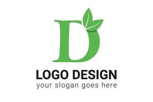 D letter eco logo with leaf. Vector typeface for nature posters, eco friendly emblem, vegan identity, herbal and botanical cards etc. Ecology D letter logo with green leaf.