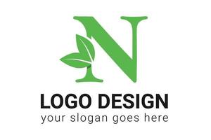 N letter eco logo with leaf. Vector typeface for nature posters, eco friendly emblem, vegan identity, herbal and botanical cards etc. Ecology N letter logo with green leaf.