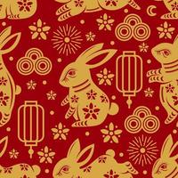 Deep Red Chinese New Year Seamless Pattern Background With Rabbit Element vector