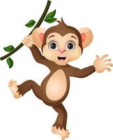 Cute little monkey cartoon hanging on tree branch vector