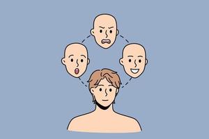 Face expression and moods concept. Young man choosing between surprised angry smiling and neutral positive face over blue background vector illustration