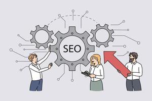 optimización seo y concepto de estrategia. grupo de personas de negocios compañeros de trabajo de pie mirando flechas de engranajes con letras seo en la ilustración de vector medio