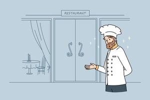 Working as chef in restaurant concept. Smiling man chef in uniform and hat standing and inviting guests to restaurant vector illustration