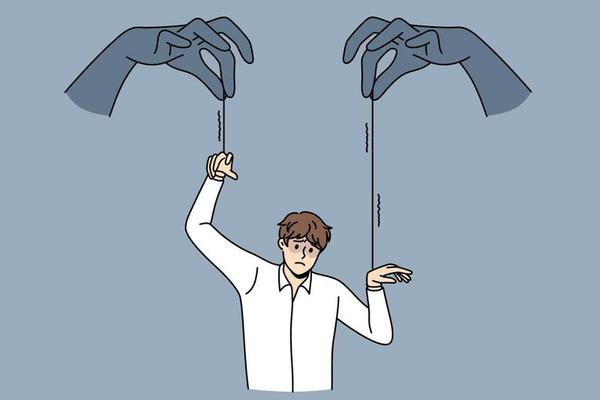 Influence pressure and marionette concept. Human hands with threads influencing and making move young frustrated stressed businessman vector illustration
