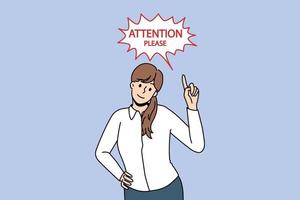 Getting attention and promotion concept. Young businesswoman standing and pointing with finger at attention please lettering sign vector illustration