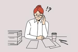 Angry woman boss and indignation concept. Furious angry woman director in glasses sitting and looking at partner with papers and coffee nearby vector illustration