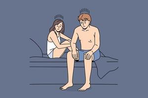 Problems in close communication concept. Young frustrated man with negative messy emotions sitting on edge of bed after spending night with woman vector illustration