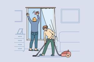 Housework and cleaning apartment concept. Young couple in home clothes cleaning window and vacuuming carpet together at home at weekend vector illustration