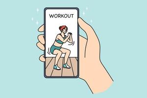 Online workout and sport concept. Human hand holding smartphone with sporty girl doing workout training squats online on screen vector illustration