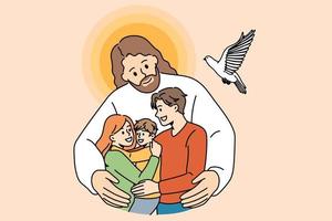 Christianity and religious education concept. Kind smiling Jesus in white clothing standing and hugging happy family with child taking care vector illustration