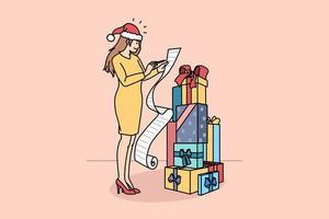 Preparation for New year holidays concept. Positive young woman in Christmas santa hat standing counting fixing paper with present list for friends vector illustration