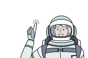 trabajando como concepto de cosmonauta y astronauta. hombre sonriente cosmonauta con traje protector especial de pie y mostrando el dedo sintiéndose confiado y emocionado ilustración vectorial vector