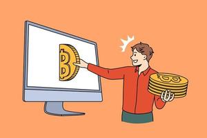 concepto de beneficio de bitcoin y criptomonedas. hombre sonriente de pie y sacando monedas de bitcoin doradas de la pantalla del portátil haciendo dinero ilustración vectorial vector