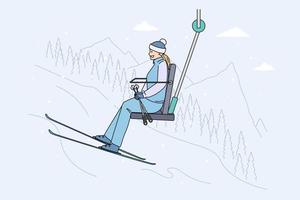 Winter sport and Ski lift concept. Positive young woman skier riding up on ski lift to slide down slope in mountains outdoors enjoying winter vector illustration