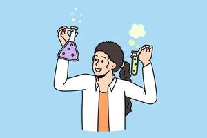 Science chemistry and research concept. Smiling woman chemist in white uniform standing holding flasks for tests in laboratory vector illustration