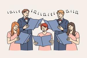 Music and singing in choir concept. Group of young positive people singers choir standing performing concert with notes in hand vector illustration