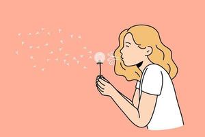 Summer fun and making wish concept. Blonde girl in white t-shirt standing and blowing fluffy dandelion flower during summer walk vector illustration