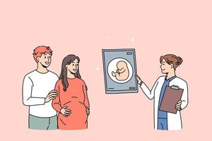 Baby pregnant ultrasound test concept. Young happy couple expecting for baby standing and looking at ultrasound test made by female doctor in clinic feeling excited vector illustration