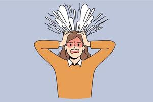 Brain explosion and stress concept. Shouting angry stressed female standing touching head having explosion on thoughts and emotions vector illustration