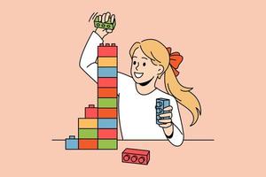 Children leisure hobby activities concept. Smiling small girl playing making pyramid of colorful lego pieces building tower vector illustration