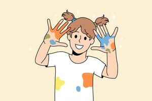 Drawing painting and children fun concept. Smiling girl kid standing showing hands with colorful dots after painting feeling cheerful vector illustration