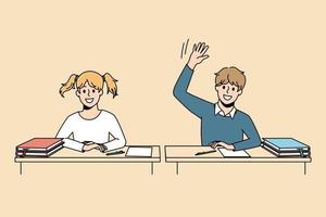 Educational process and learning concept. Smiling pupils boy and girl sitting at lesson and raising hand ready to answer having knowledge vector illustration